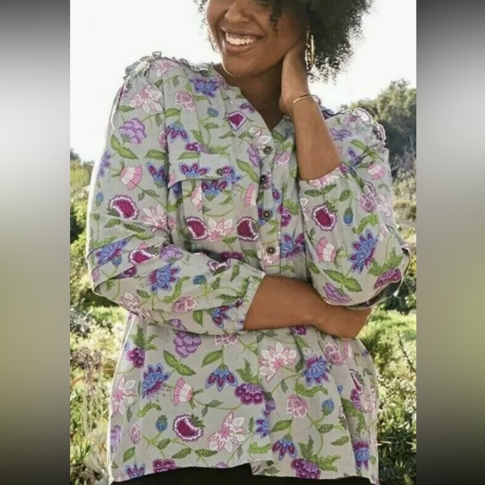 Matilda jane thinking out loud gray floral purple pink long sleeve blouse size m
